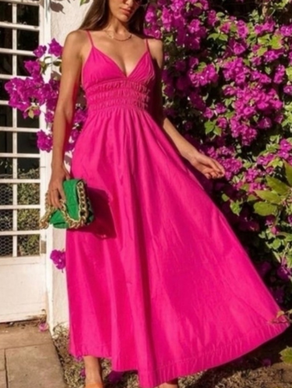 Zara Fuchsia Pink Smocked Poplin Midi Dress with Pockets Size XS